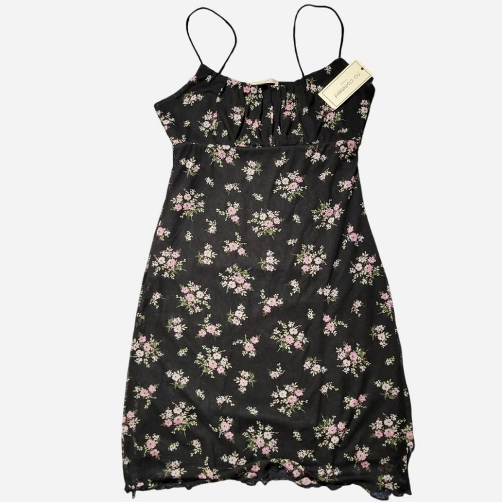 NWT black and pink floral mini dress with spaghetti straps